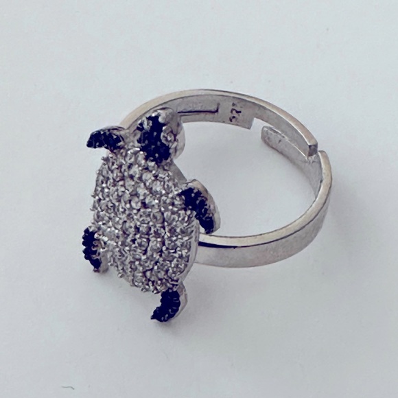 925 Sterling silver turtle ring clear / black cubic zirconia cz stones - Picture 2 of 4